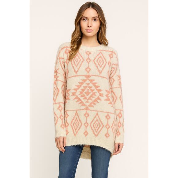 Love Culture Cream and Coral Aztec Knit Sweater Size Small - Picture 1 of 5